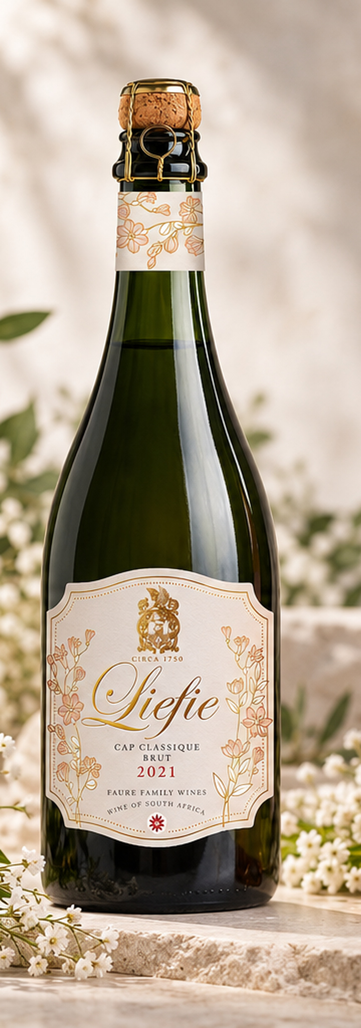 Liefie Cap Classique bottle with floral label